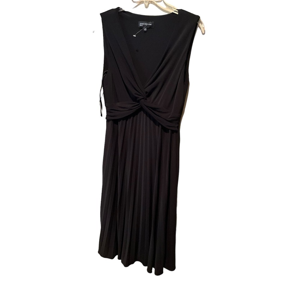 Jones New York Midi Dress Women 10 Black Sleeveless V-Neck Front Twist Pleated‎